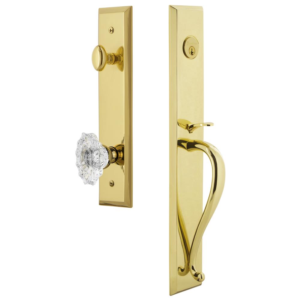 Grandeur by Nostalgic Warehouse FAVSGRBIA Fifth Avenue One-Piece Handleset with S Grip and Biarritz Knob in Lifetime Brass